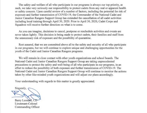 RCSU Letter to Parents/Guardians of Central Cadets – 1 Apr 2020